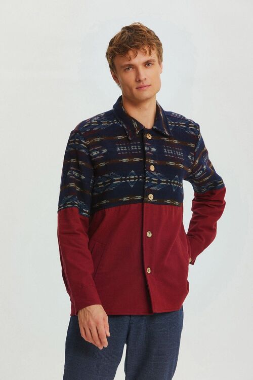 Pocket Detailed Men's Shirt with Ethnic Trim Dark Blue - Dark Red