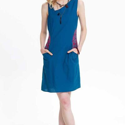 Petrol Blue Elegance Cotton Dress with Patterned Pockets