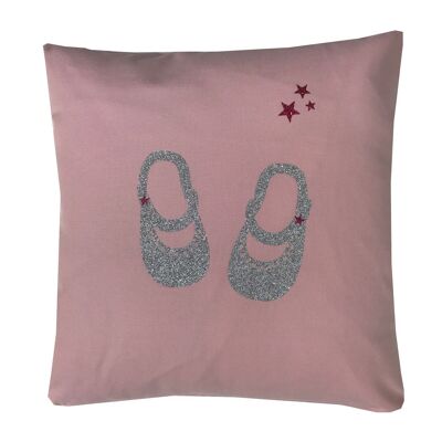 Pink cushion with glittery silver baby slippers