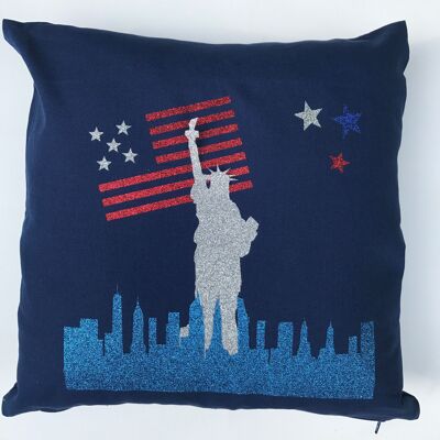 New York blue glitter cushion