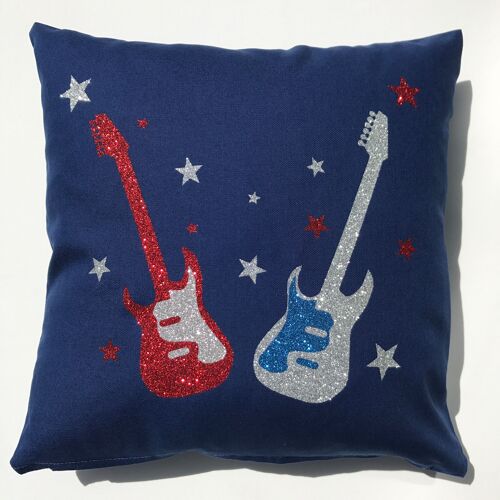 Coussin bleu guitares pailletées