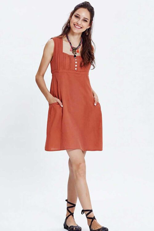 Square Neck Cotton Mini Burnt Orange Dress