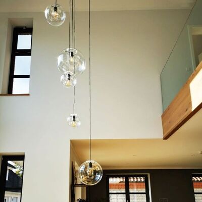 s.LUCE Orb glass ball gallery light 5m suspension - Ø 20cm, gold / smoke