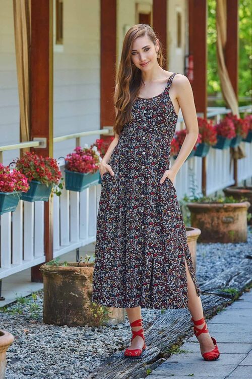 Button Up Floral Long Dress Black