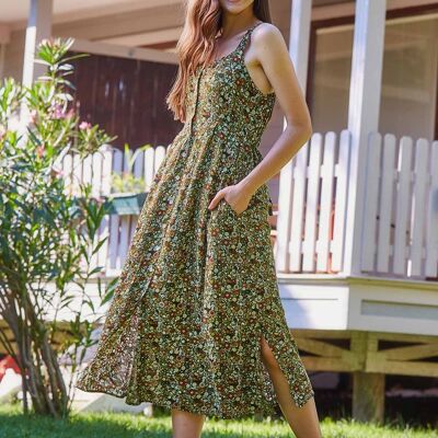 Langes Kleid mit Knopfleiste und Blumenmuster Grün