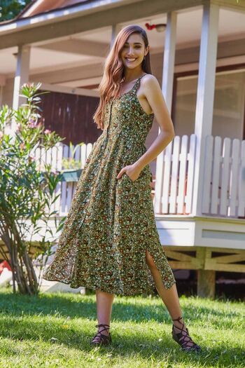 Robe Longue Florale Boutonnée Vert 1