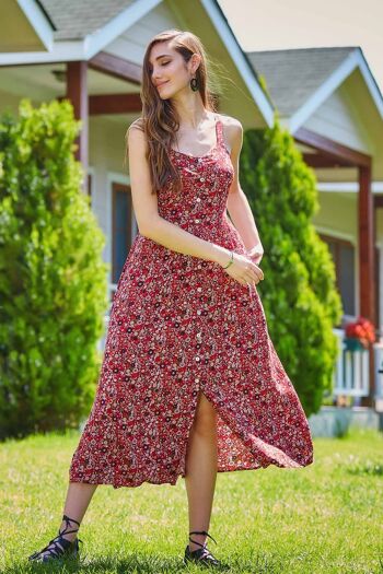 Robe Longue Florale Boutonnée Marron 2