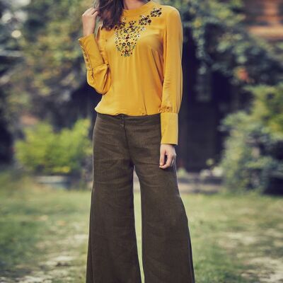 Camel Pleated Bell Bottom Pants