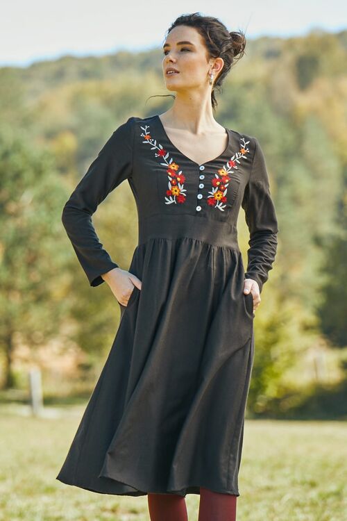 Embroidered Cottagecore Dress Black