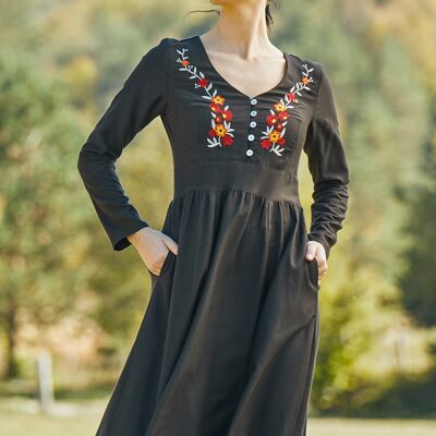 Robe Cottagecore Brodée Noir