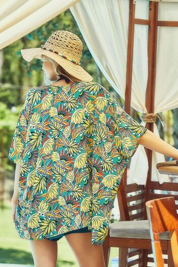 Kimono Court Imprimé Tropical Turquoise 4