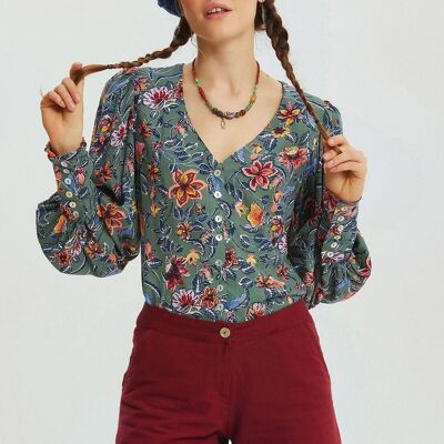 Camisa de mujer retro floral detallada con manga gris