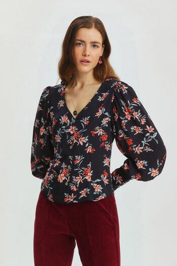 Chemise femme rétro florale détaillée à manches noir 1