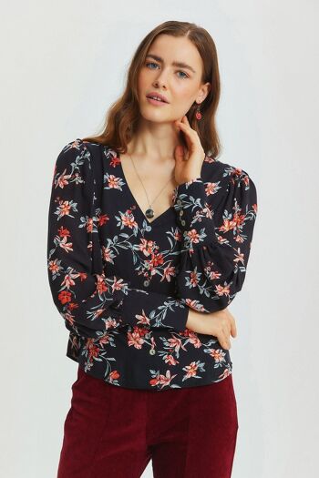 Chemise femme rétro florale détaillée à manches noir 3