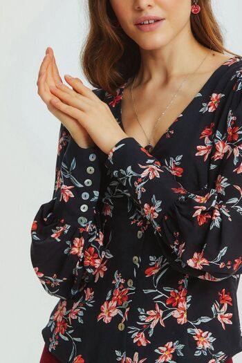 Chemise femme rétro florale détaillée à manches noir 5