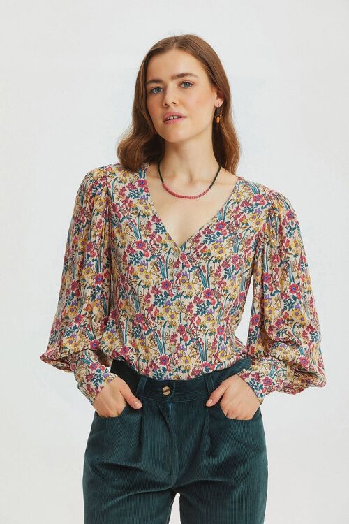 Sleeve Detailed Floral Retro Women's Shirt Beige