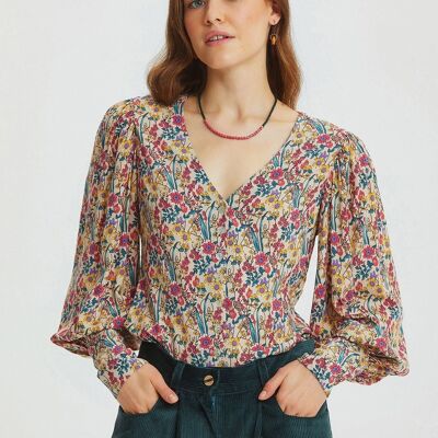 Camicia da donna retrò floreale dettagliata sulle maniche Beige