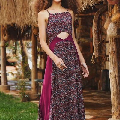 Vestido bohemio largo estampado con espalda abierta Morado