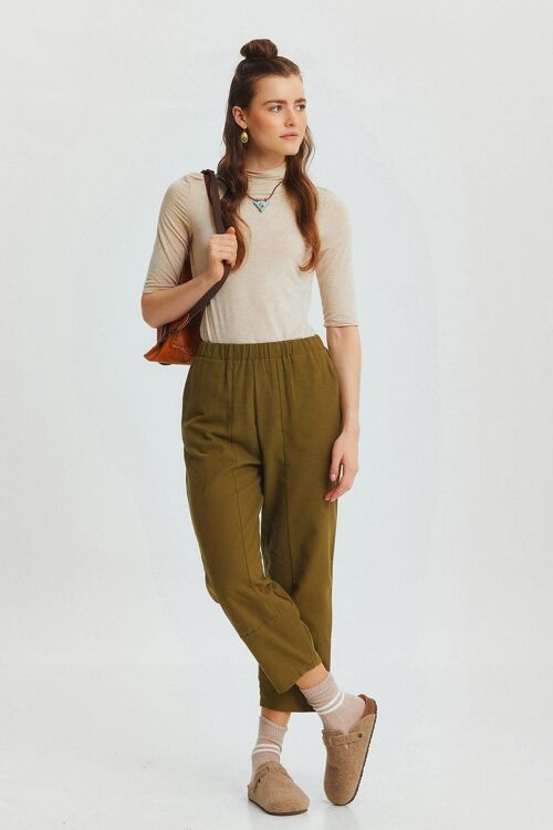 Loose Fit Women's Boho Pants with Elastic Waist Khaki