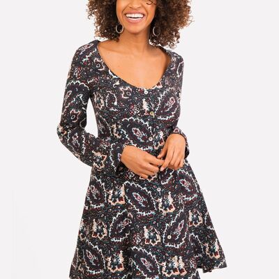 Mini robe bohème noire à motif cachemire