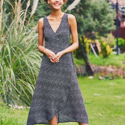 Printed Wrap Summer Dress Black