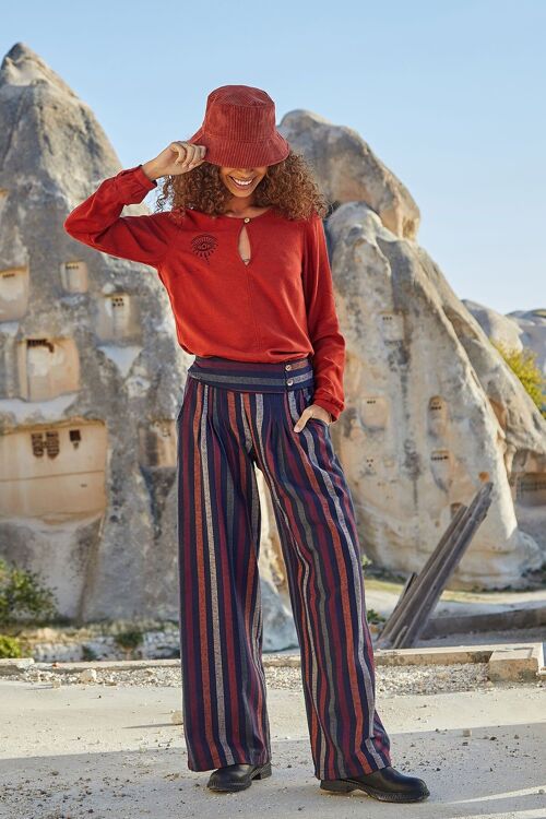 Striped Boho Winter Pants for Women in Orange-Red