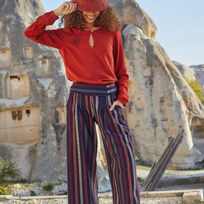 Striped Boho Winter Pants for Women in Orange-Red