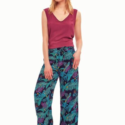 Pantalon Palazzo Imprimé Tropical Bleu