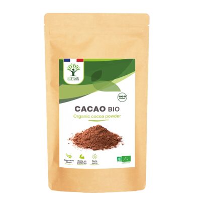 Cacao en Polvo Orgánico - Bebida Pastelera Caliente - Sabor Intenso - Sin Azúcar - 100% Grano de Cacao - Envasado en Francia - Certificado Ecocert - 400g