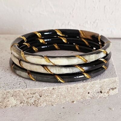 Horn Bangle Bracelet - 5 mm - Twisted Gold - Natural Black