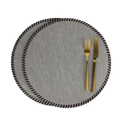 Placemat set of 4 fabric light grey with leather band border