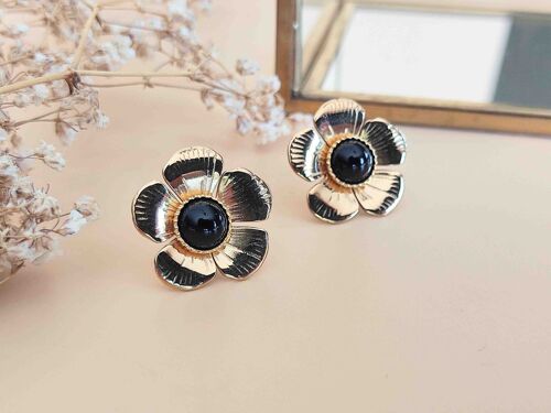 Boucles d'oreilles fleurs et  agate noire L'Eternelle