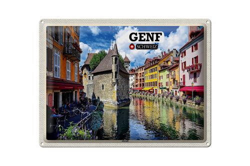 Blechschild Reise Genf Schweiz Altstadt Fluss 40x30cm