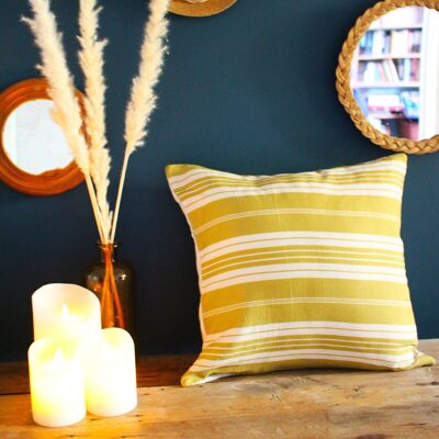 Decorative cushion with vertical yellow stripes in cotton gauze