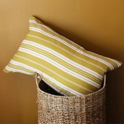 Decorative cushion with vertical yellow stripes in cotton gauze