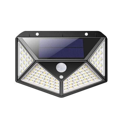 Lámpara solar para exteriores de 100 LED: iluminación de pared inalámbrica de 120° con sensor de movimiento