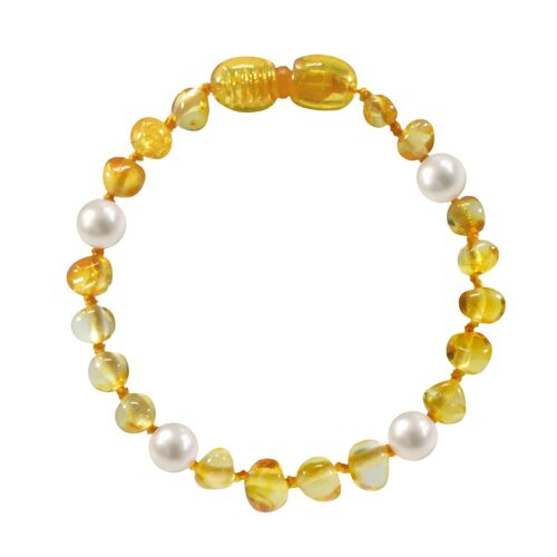 Bracelet bébé ambre et pierre naturelle - Honey/nacre
