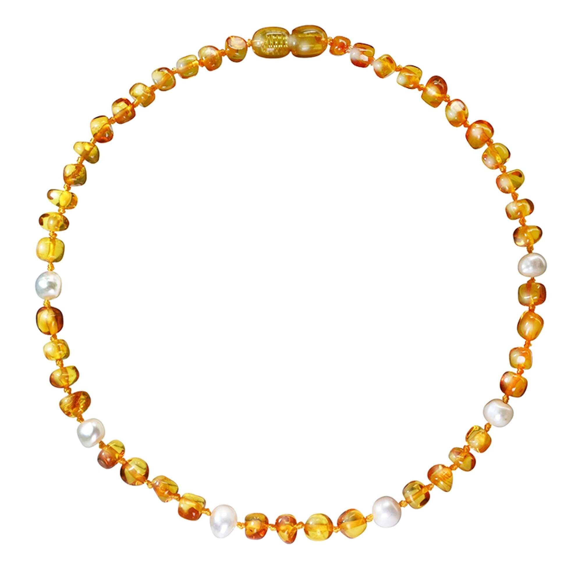 Babyhalskette aus Bernstein und Natursteinen – Honig/Perlmutt