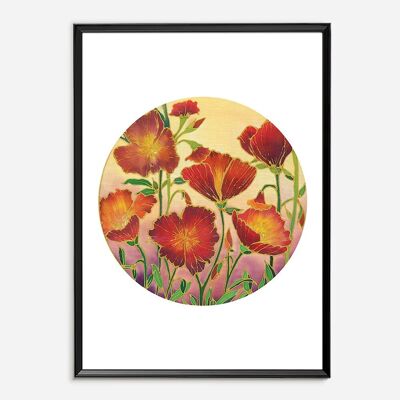 Batik Kunstdruck - Sonnenuntergang Mohnblumen A3