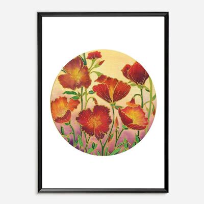 Batik Art Print - Coquelicots au coucher du soleil A3