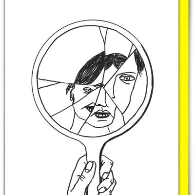 Lustige Grußkarte mit dem Titel „Zerbrochener Spiegel“ von David Shrigley