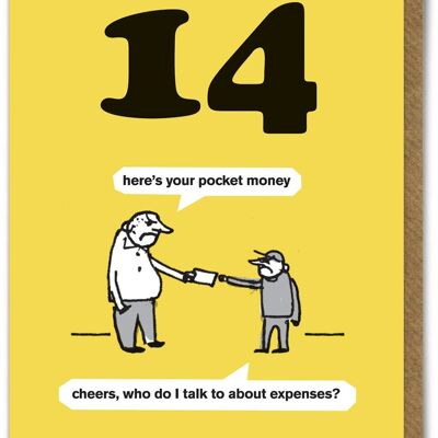 Lustige, moderne Geburtstagskarte zum 14. – Taschengeld