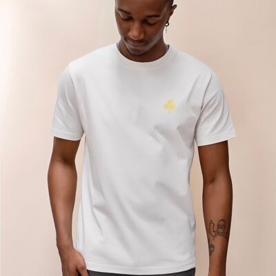 T-shirt bianca vintage con trifoglio giallo opaco