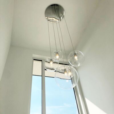 s.LUCE Orb Gallery Light con dosel modular de 3 o 5 lámparas - modelo: 5 lámparas, cromado / transparente