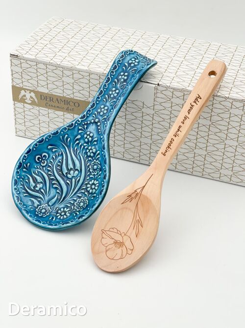 Handmade Relief Turquoise Tulip Motifs - Ceramic Spoon Rest Set with Wooden Spoon Gift