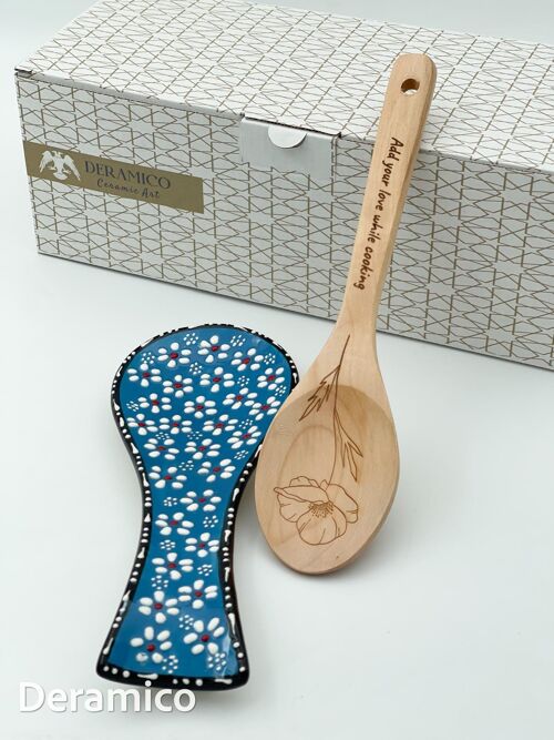 Handmade Daisy Motifs - Ceramic Spoon Rest Set with Wooden Spoon Gift