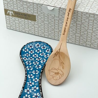 Handmade Daisy Motifs - Ceramic Spoon Rest Set with Wooden Spoon Gift