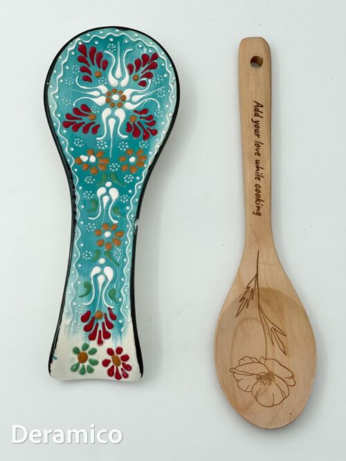 Handmade Authentic Motifs - Ceramic Spoon Rest Set with Wooden Spoon Gift