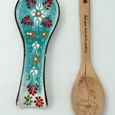 Handmade Authentic Motifs - Ceramic Spoon Rest Set with Wooden Spoon Gift