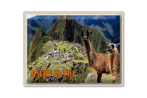 Blechschild Reise 40x30cm Machu Picchu Ruinen der Inka-Stadt Lamas